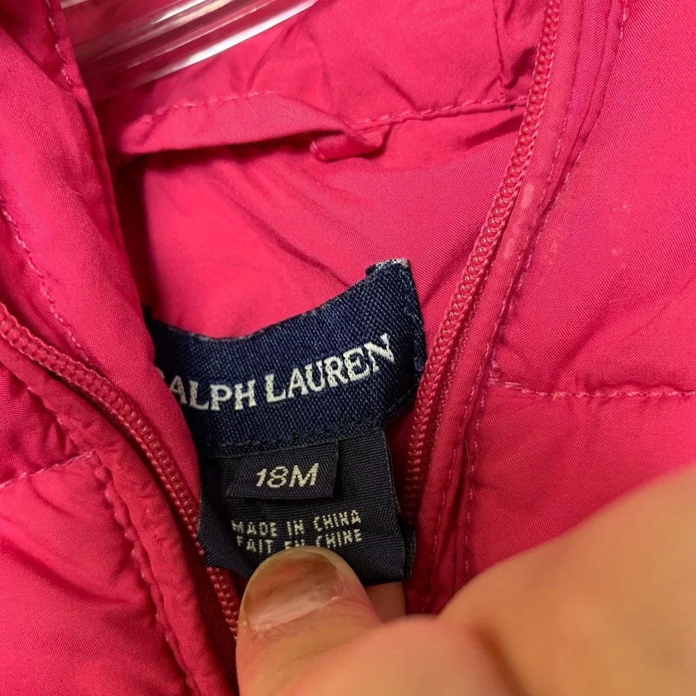 Ralph Lauren Puffer Jacket Girls 18M Pink Ruffle Hem Pony Logo Full Zip Hooded